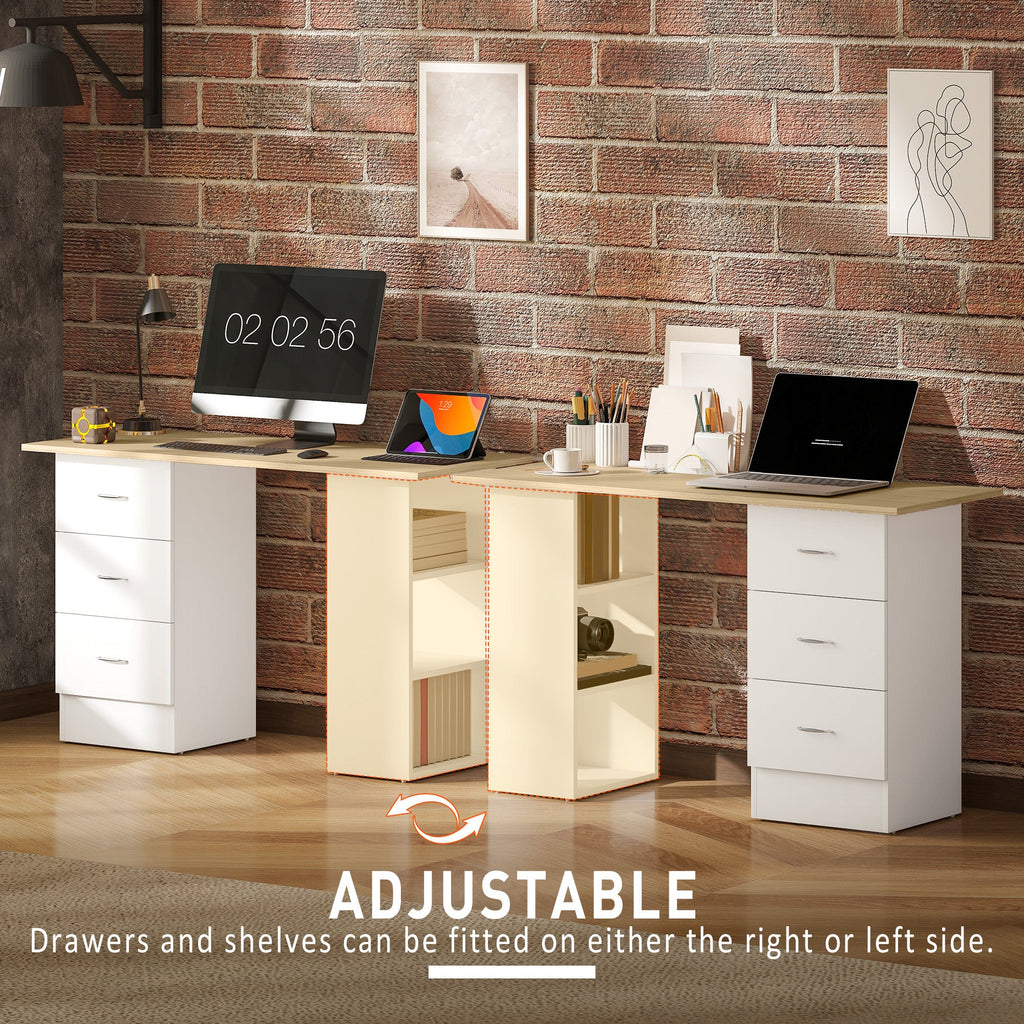 HOMCOM Computer Desk, Writing Table, PC Workstation with 3 Storage Shelves and Drawers, Silver Handle, for Home Office, Natural Wood Finish and White