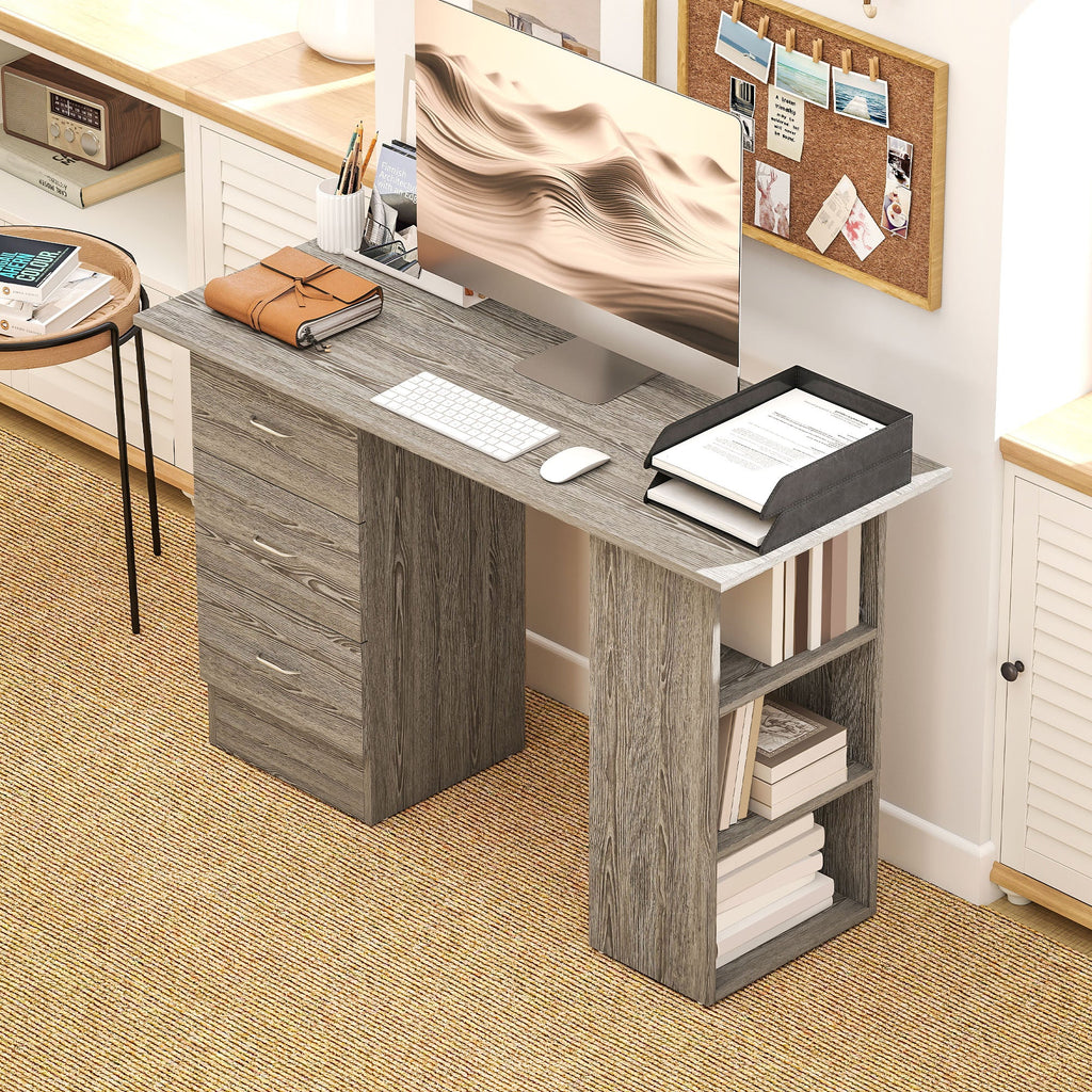 HOMCOM Computer Desk, Writing Table, PC Workstation with 3 Storage Shelves and Drawers, Silver Handle, for Home Office, Grey