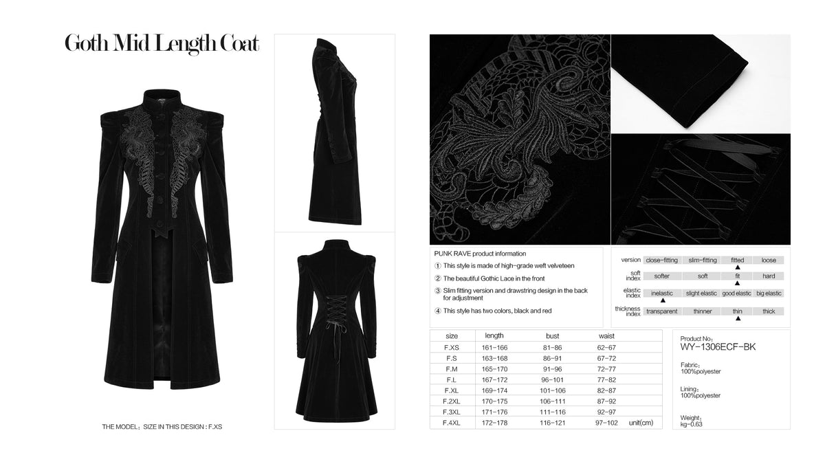 Punk Rave Nerezza Goth Mid-Length Embroidered Velvet Coat