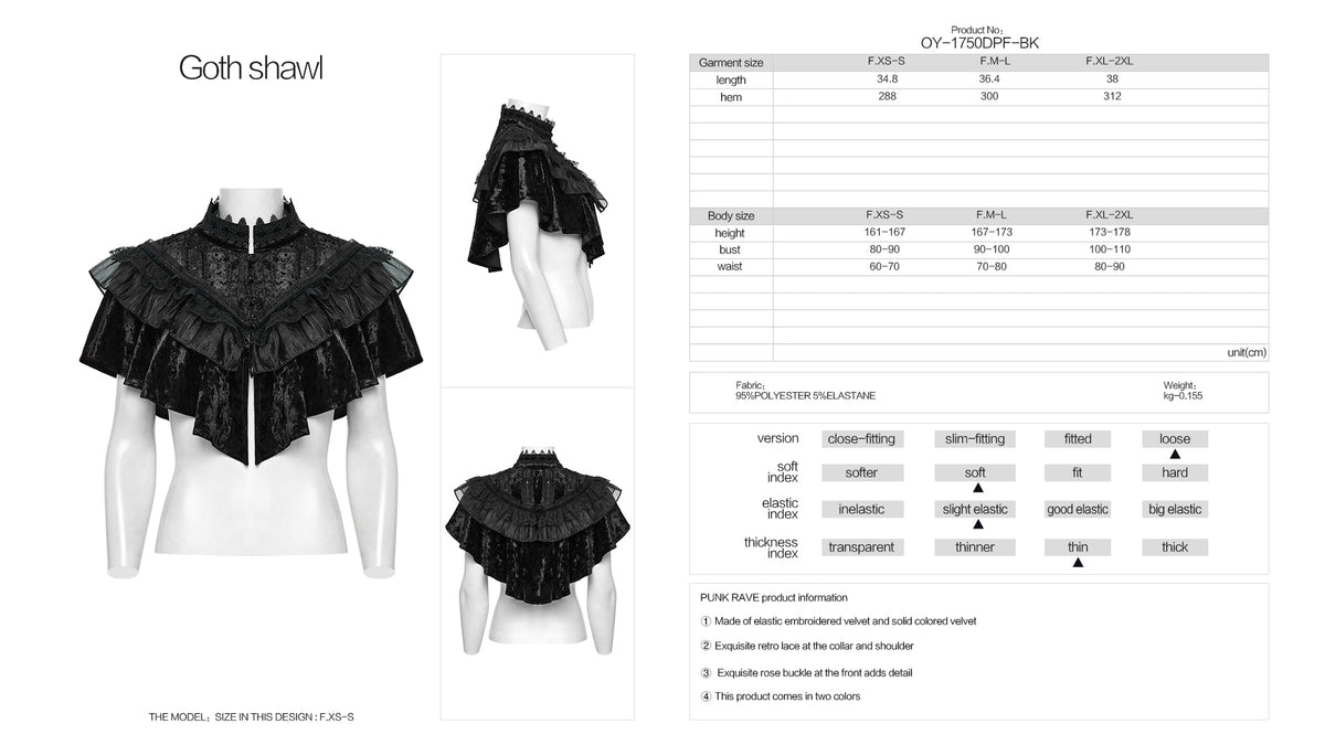 Punk Rave Elysia Velvet Ruffle Goth Shawl in Black