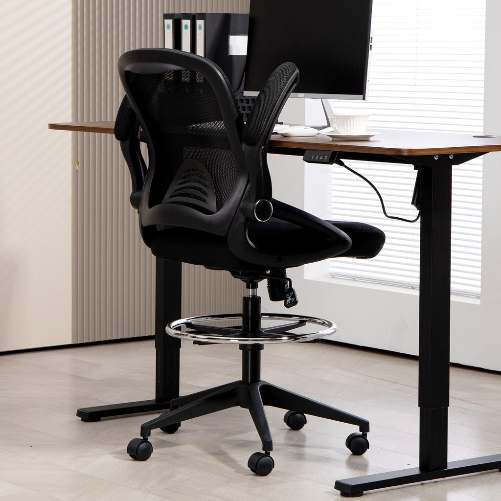 Vinsetto Drafting Chair with Flip-up Armrest, Mesh Office Stool with Foot Ring, 360° Swivel Height Adjustable Chair for Standing Desk, Black