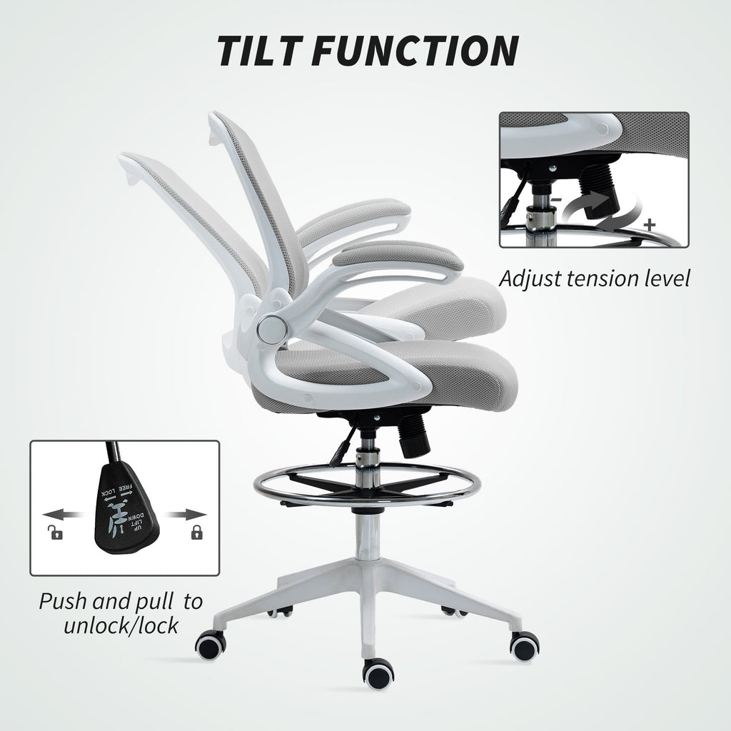 Vinsetto Drafting Chair with Flip-up Armrest, Mesh Office Stool with Foot Ring, 360° Swivel Height Adjustable Chair for Standing Desk, Light Grey