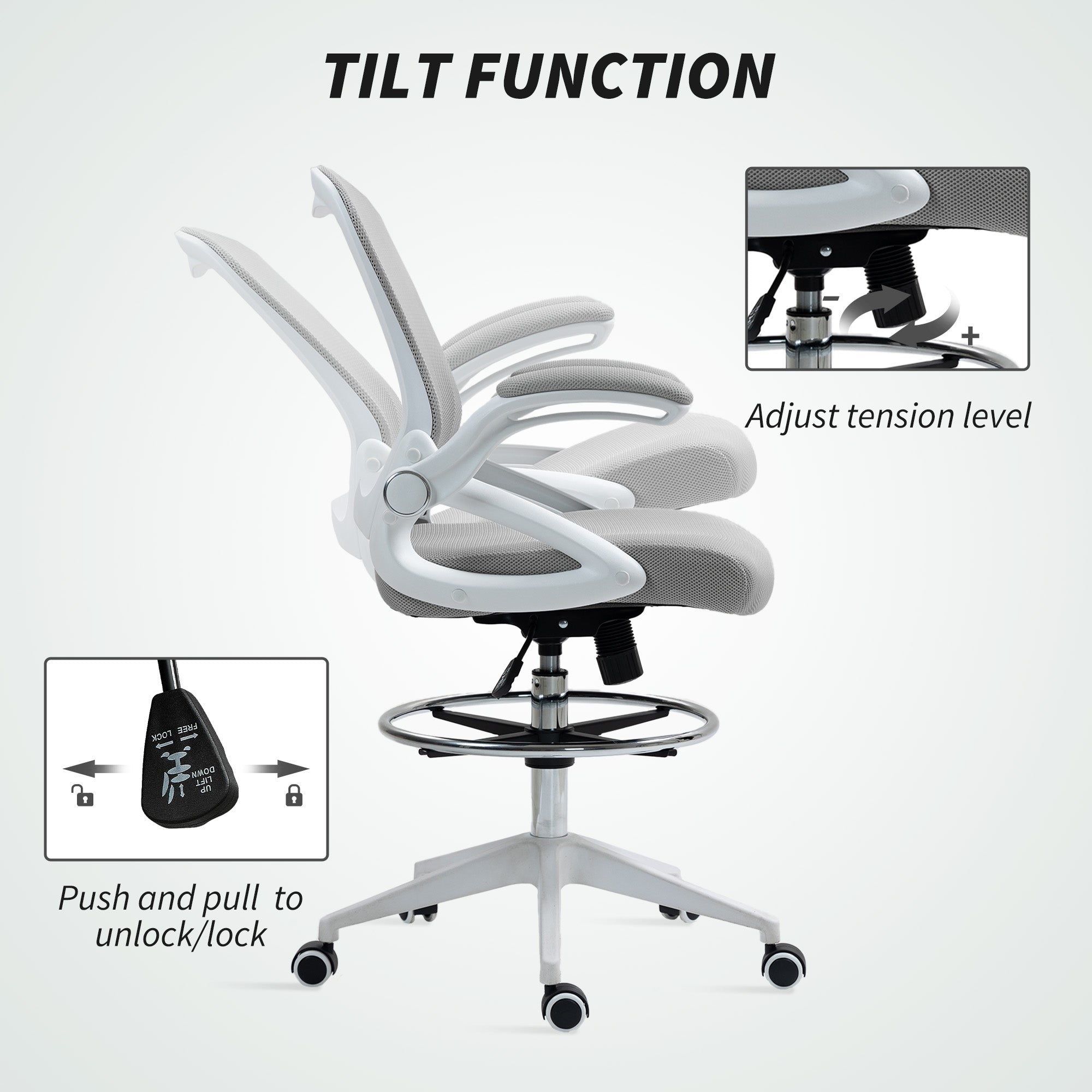 Vinsetto Drafting Chair with Flip-up Armrest, Mesh Office Stool with Foot Ring, 360° Swivel Height Adjustable Chair for Standing Desk, Light Grey