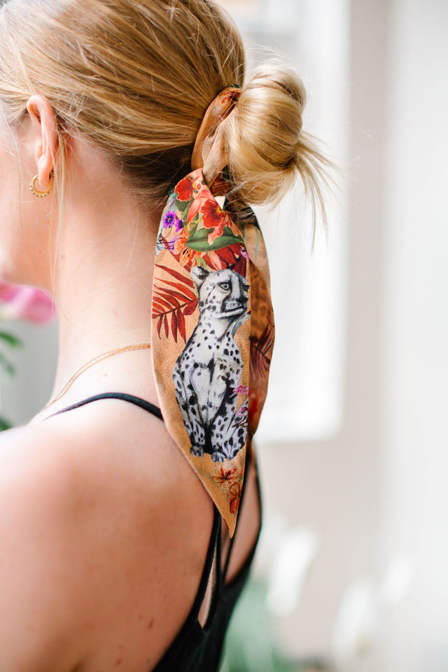 Peach botanical 'Panthera' skinny Silk scarf, delicate, lightweight Twilly style scarf accessory with animal print texture