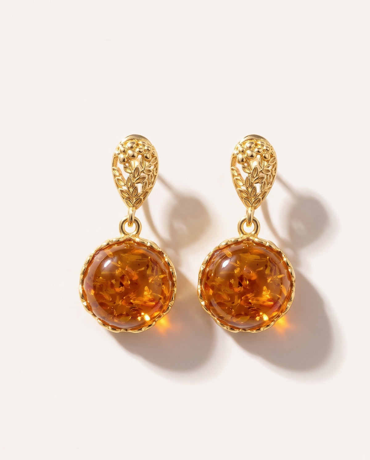 Amber Drop Earrings with Gold Floral Accent