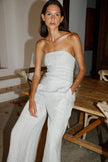 The Maggie Bandeau Jumpsuit in striped olive green