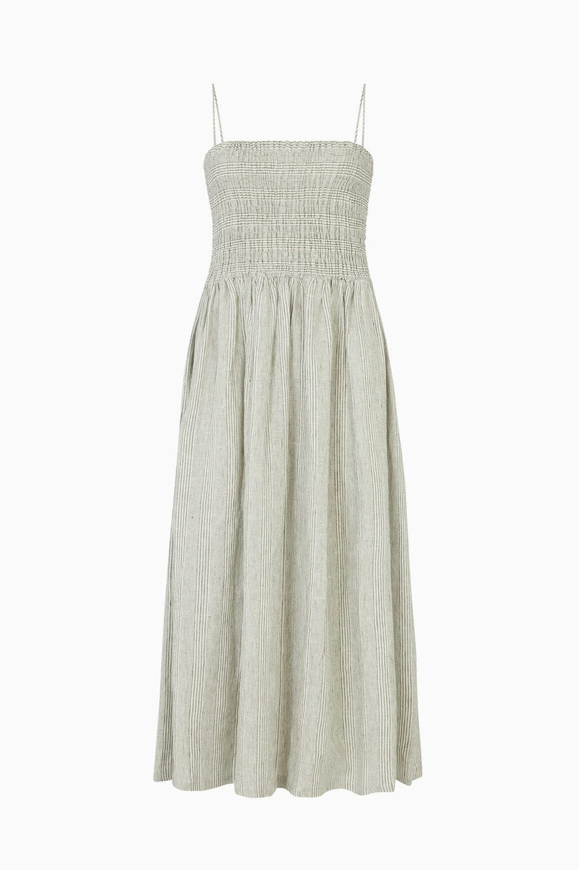 The Harlow Smocked Maxi Dress in striped olive green