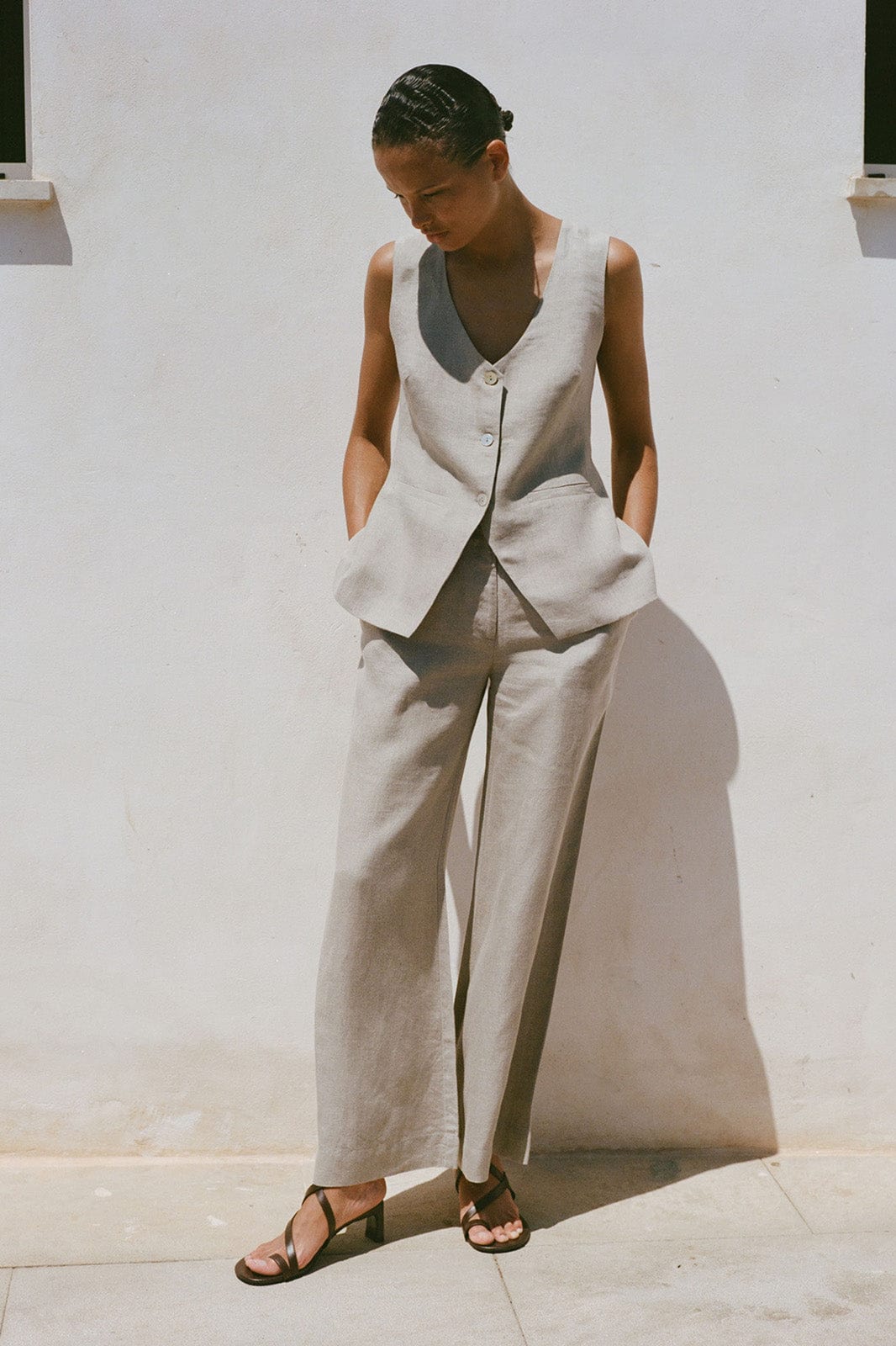 The Rosalie Buttoned Vest in oatmeal