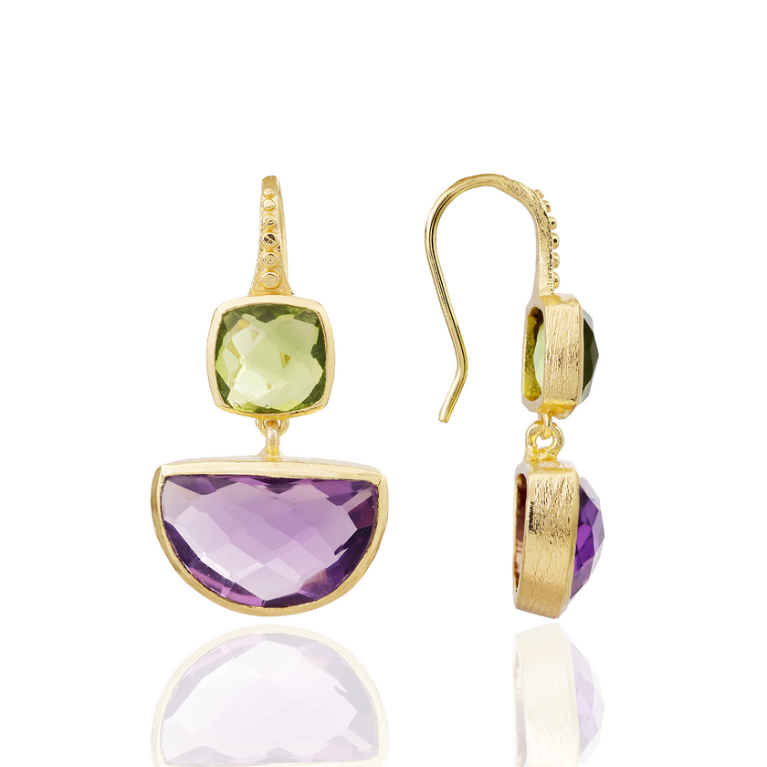Charis Halfmoon Ohrringe mit doppelten Edelsteinen Peridot & Amethyst