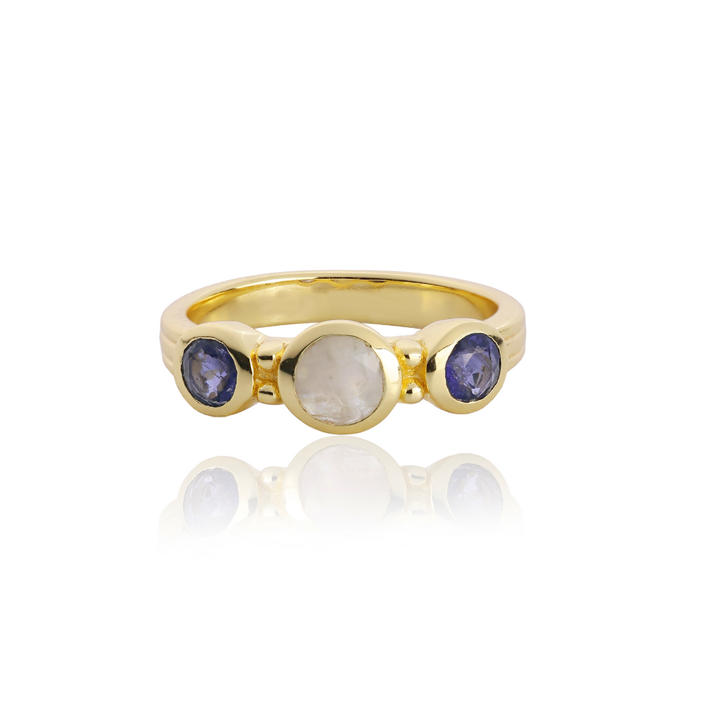 Iris Three Gemstones Ring Iolite & Moonstone