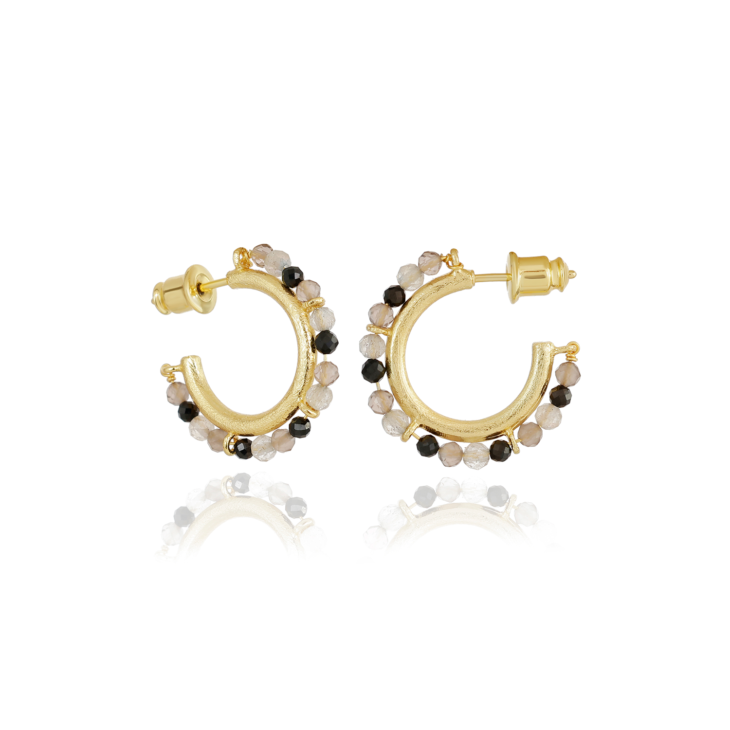 Ophelia Small Gemstone Hoops Smoky Quartz, Labradorite & Black Onyx