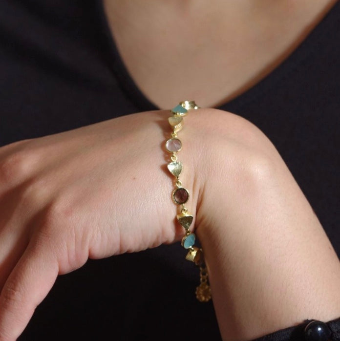 Gold Sara Mixed Gemstone Bracelet Pariba Onyx, Smoky Quartz & Rose Quartz