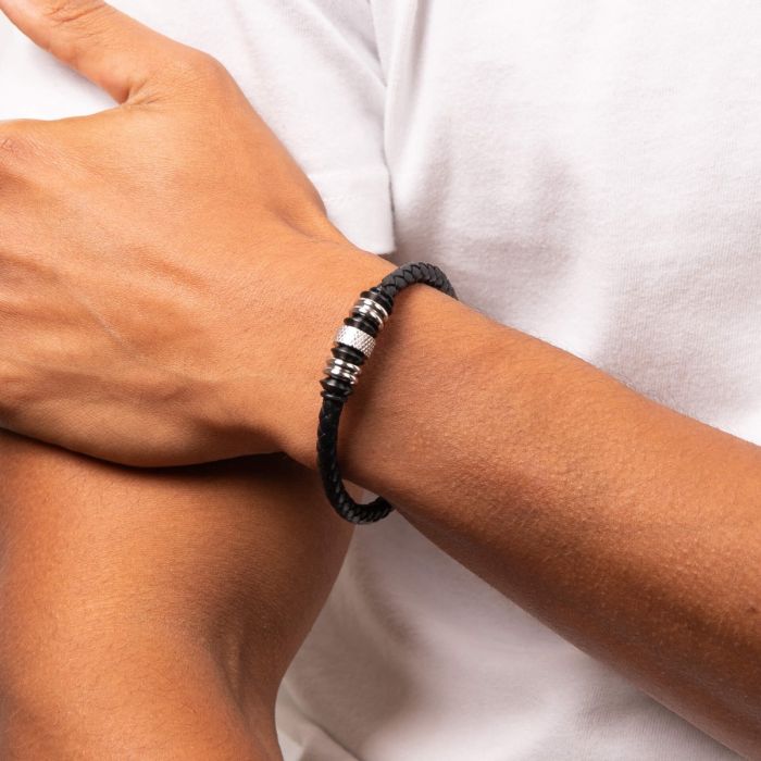 Fred Bennett Black Leather Bracelet with Black IP Beads