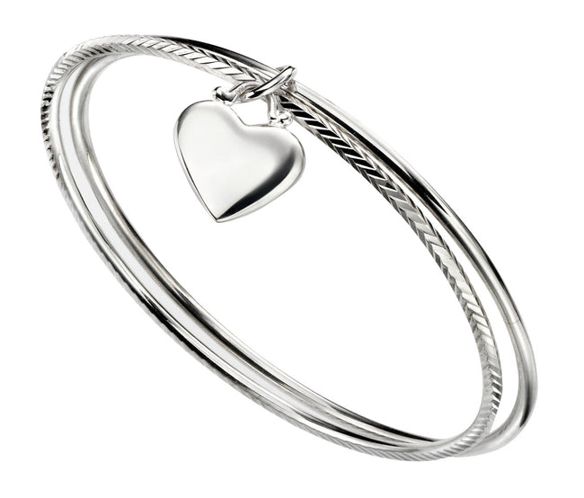Beginnings Diamond Cut Double Bangle with Heart Tag