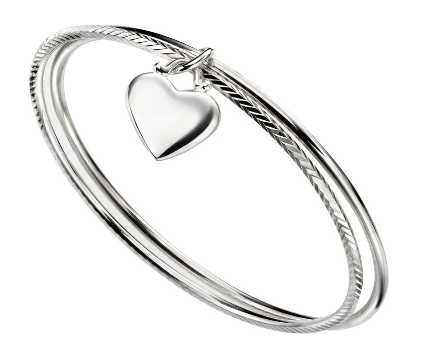 Beginnings Diamond Cut Double Bangle with Heart Tag
