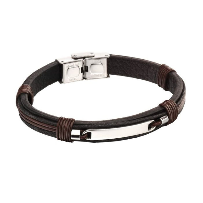 Fred Bennett ID Bar Black Leather Bracelet with Brown Cord Detail