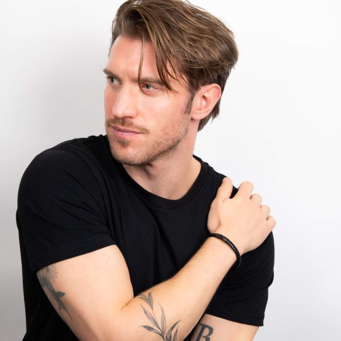 Fred Bennett Plaited Black Leather and Black IP Sections Bracelet