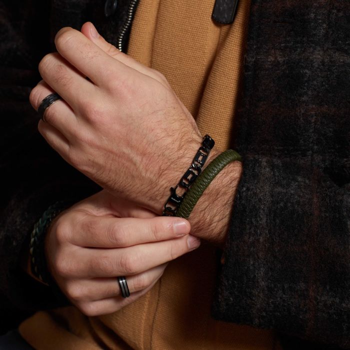 Fred Bennett Khaki Braided Leather Bracelet with Black Clasp