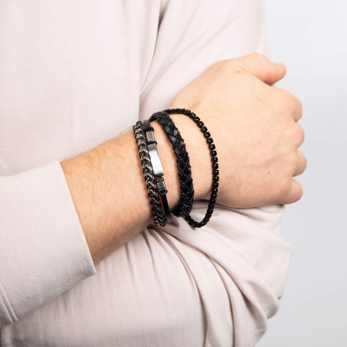 Fred Bennett Black Leather and Stainless Steel ID Bar Bracelet