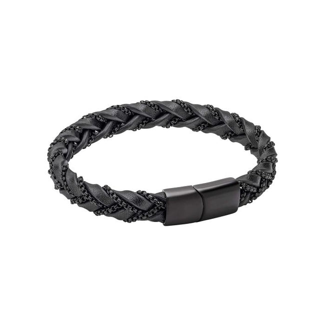 Fred Bennett Chain Plait Black Leather Bracelet
