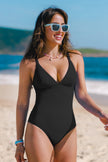 Nuevo traje de baño de estilo europeo y americano, de color liso y cuello en V, mono ajustado que realza la figura para mujer.