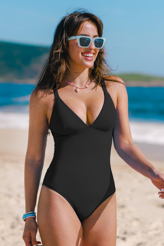European And American Style New Swimsuit Solid Color And V-neck Slim Fit Figure Flattering Jumpsuit Women