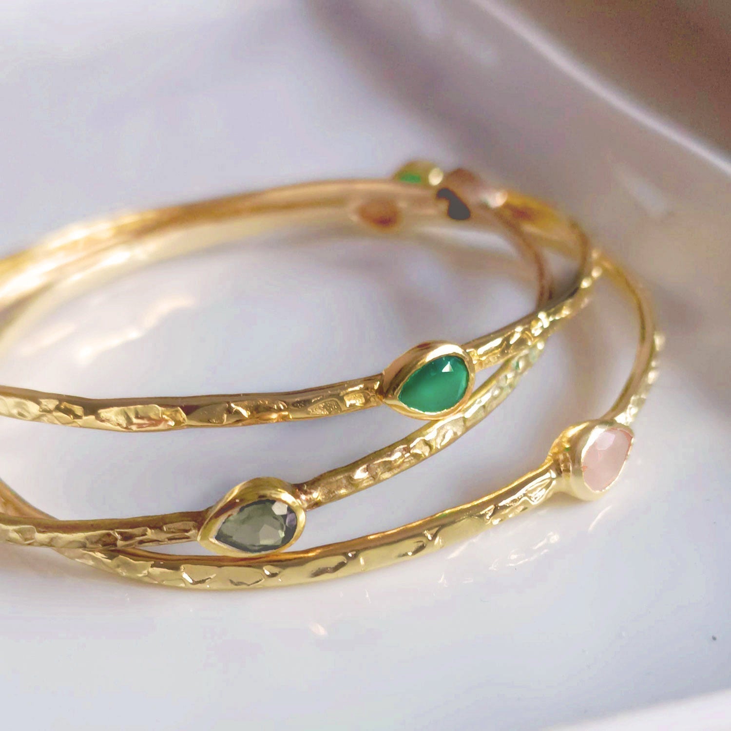 Simi Three Stone Stacking Bangle: Gold Peach Moonstone