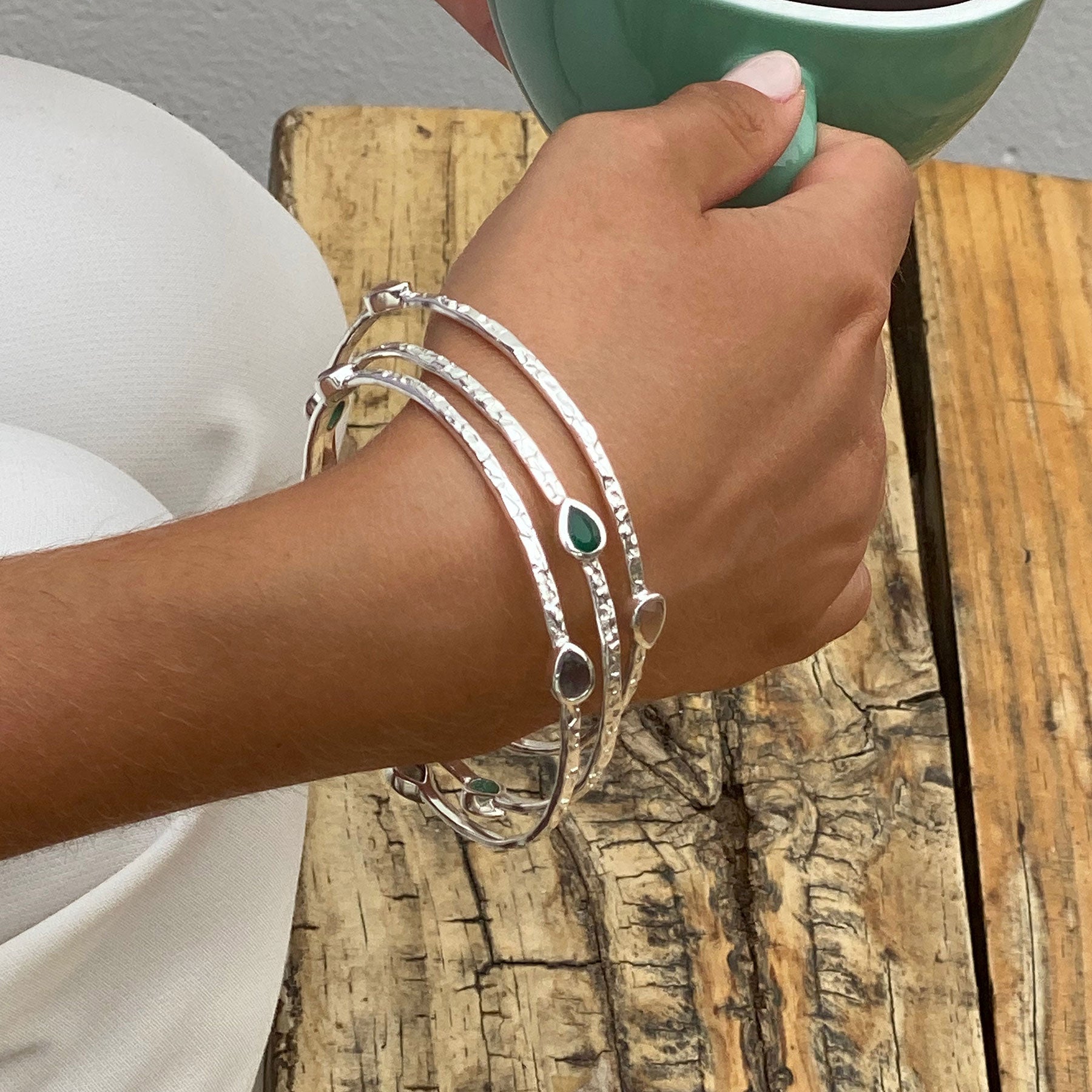 Simi Three Stone Stacking Bangle: Silver Labradorite