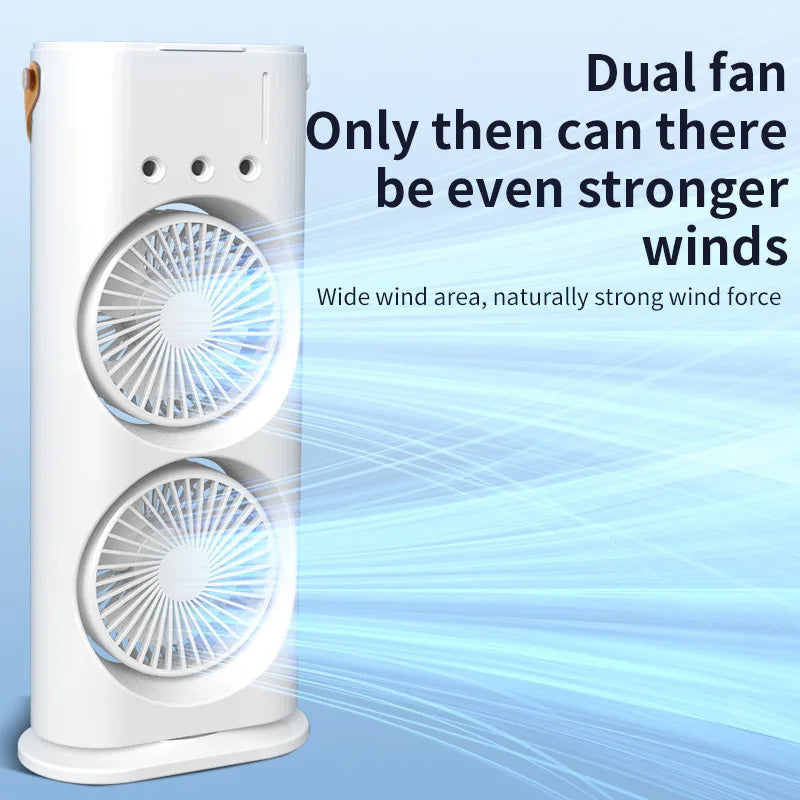 Ventilador de doble cabezal con pulverizador, humidificador portátil, ventilador de aire acondicionado, pequeño enfriador de aire doméstico, ajuste de aire portátil por hidrorefrigeración