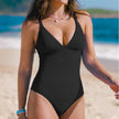 Nuevo traje de baño de estilo europeo y americano, de color liso y cuello en V, mono ajustado que realza la figura para mujer.