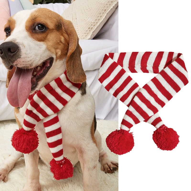 Christmas Pet Scarf Contrast Color Striped Red Snowflake Fur Ball Warm And Comfortable