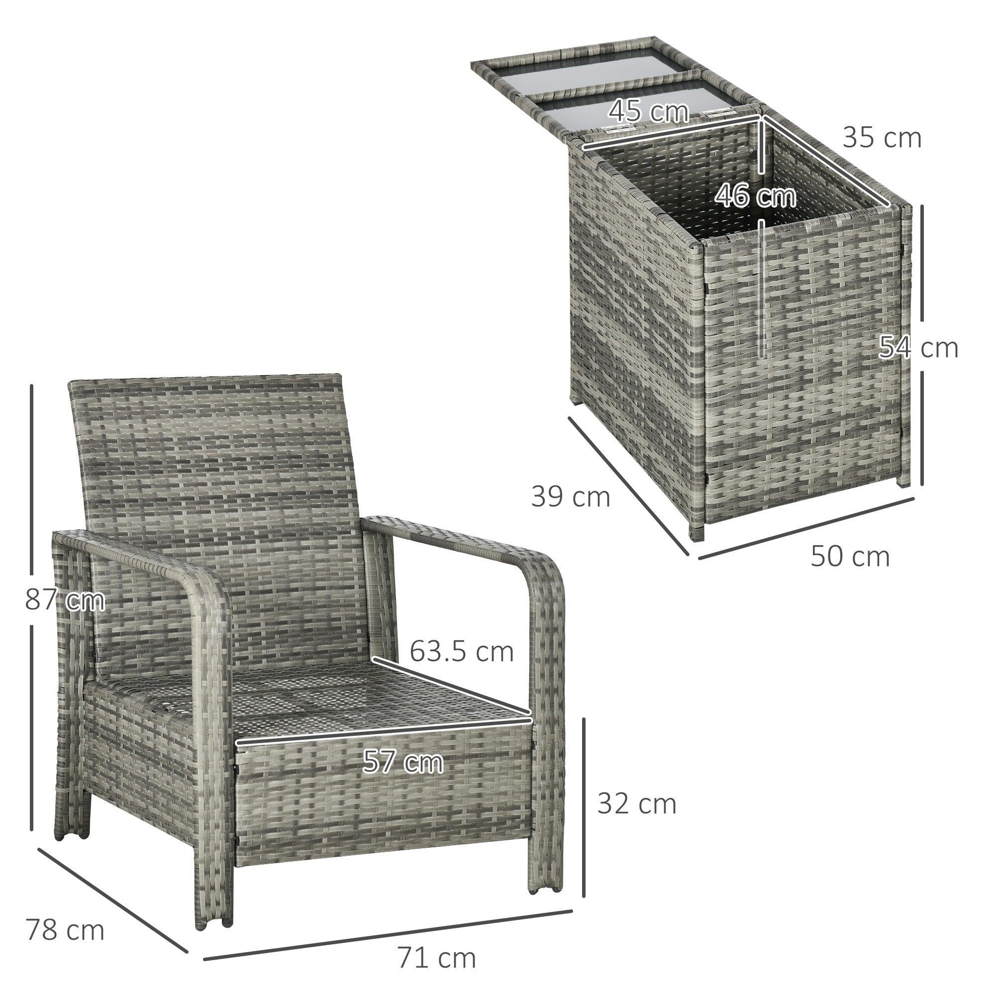 Outsunny 3 Pieces Rattan Bistro Set, Wicker Garden Furniture Set with Storage  Coffee Table and Chairs, Thickened Cushions for Outdoor, Patio, Balcony, Orange