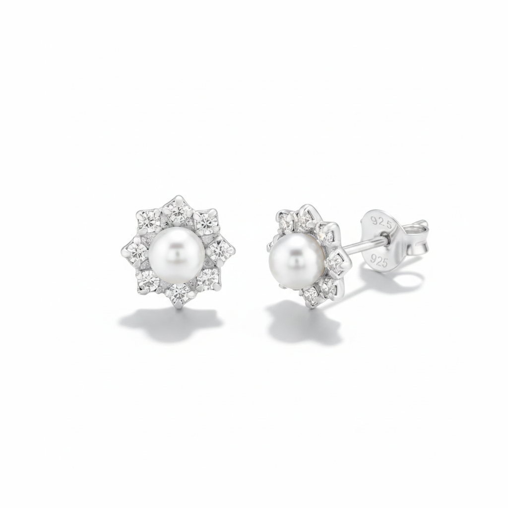 Sterling Silver Pearl & CZ Stud Earrings