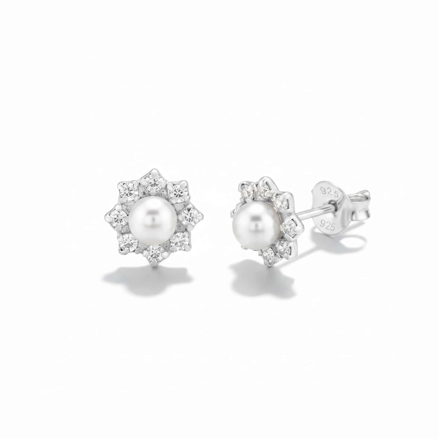 Sterling Silver Pearl & CZ Stud Earrings