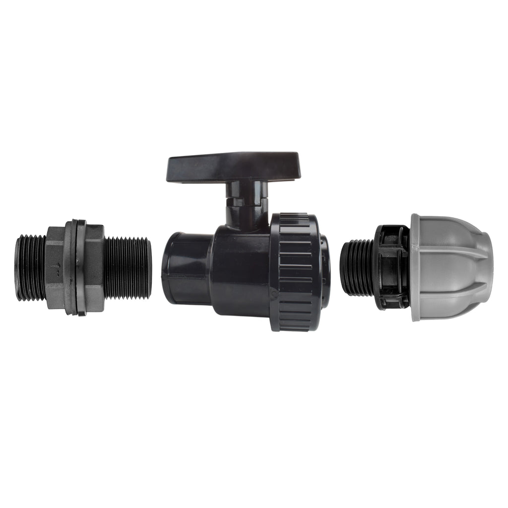 1” BSP Water Butt Fitting with Full Flow PP Valve and 25mm MDPE Fitting