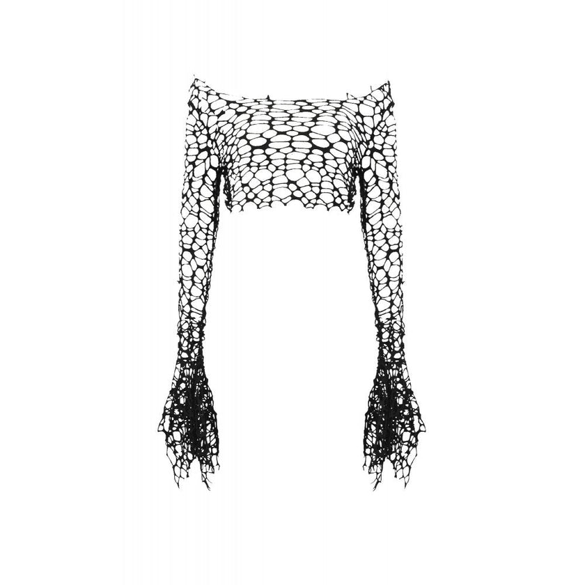 Dark in Love Morana Mesh Crochet Knit Bell Sleeve Crop Top