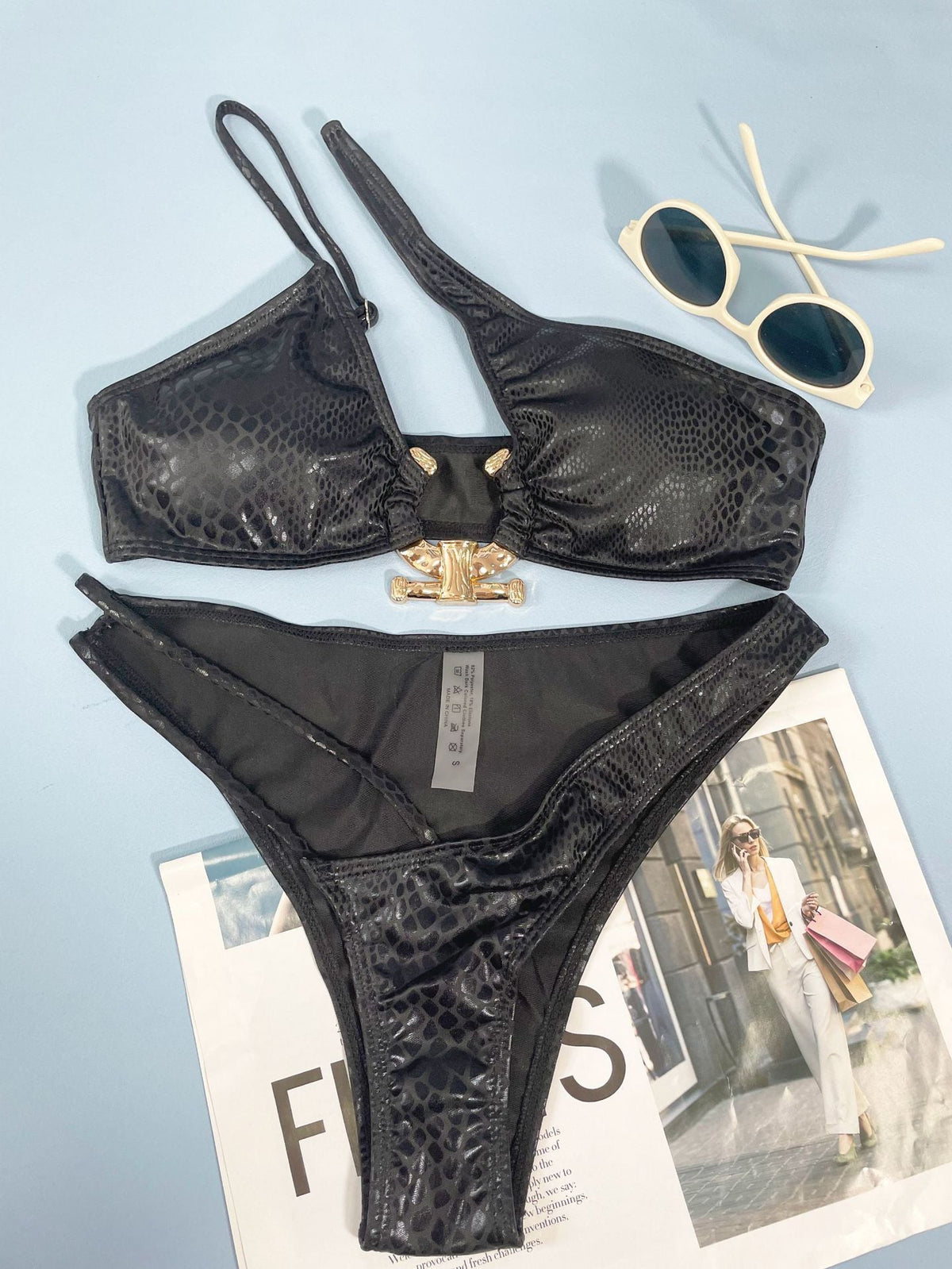 Damen-Bikini mit Schlangenmuster, dreiteiliger, enger Badeanzug