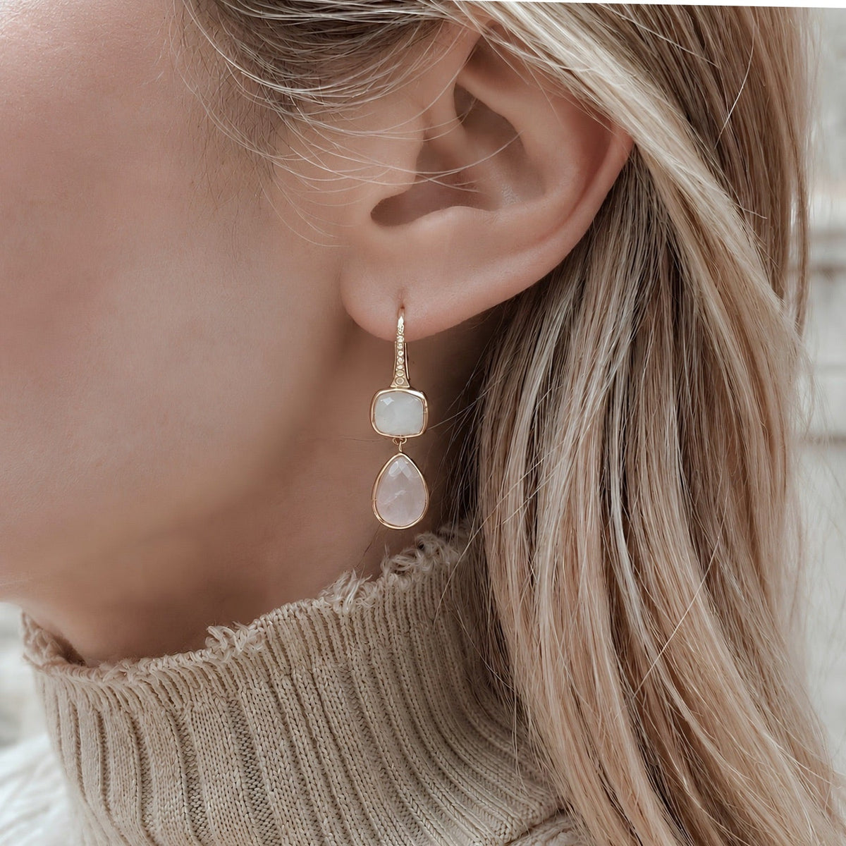 Charis Double Gemstone Earrings Moonstone & Rose Quartz