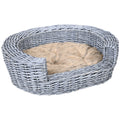 PawHut Wicker Pet Bed Willow Dog Cat Sofa Couch Puppy Basket with Cushion Grey 57L x 46W x 17.5H cm
