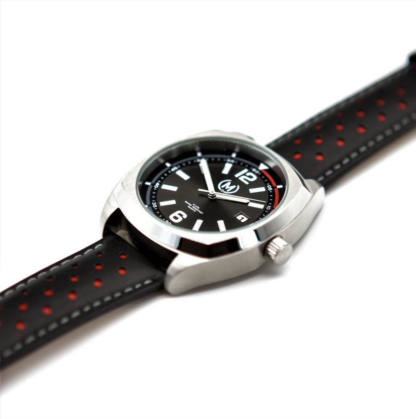 Black And Red Leather Rally Watch Strap, Silver Buckle