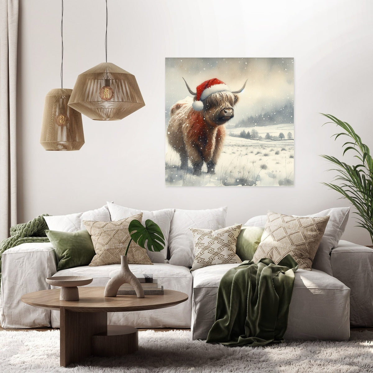Highland Christmas Cow Watercolour Canvas