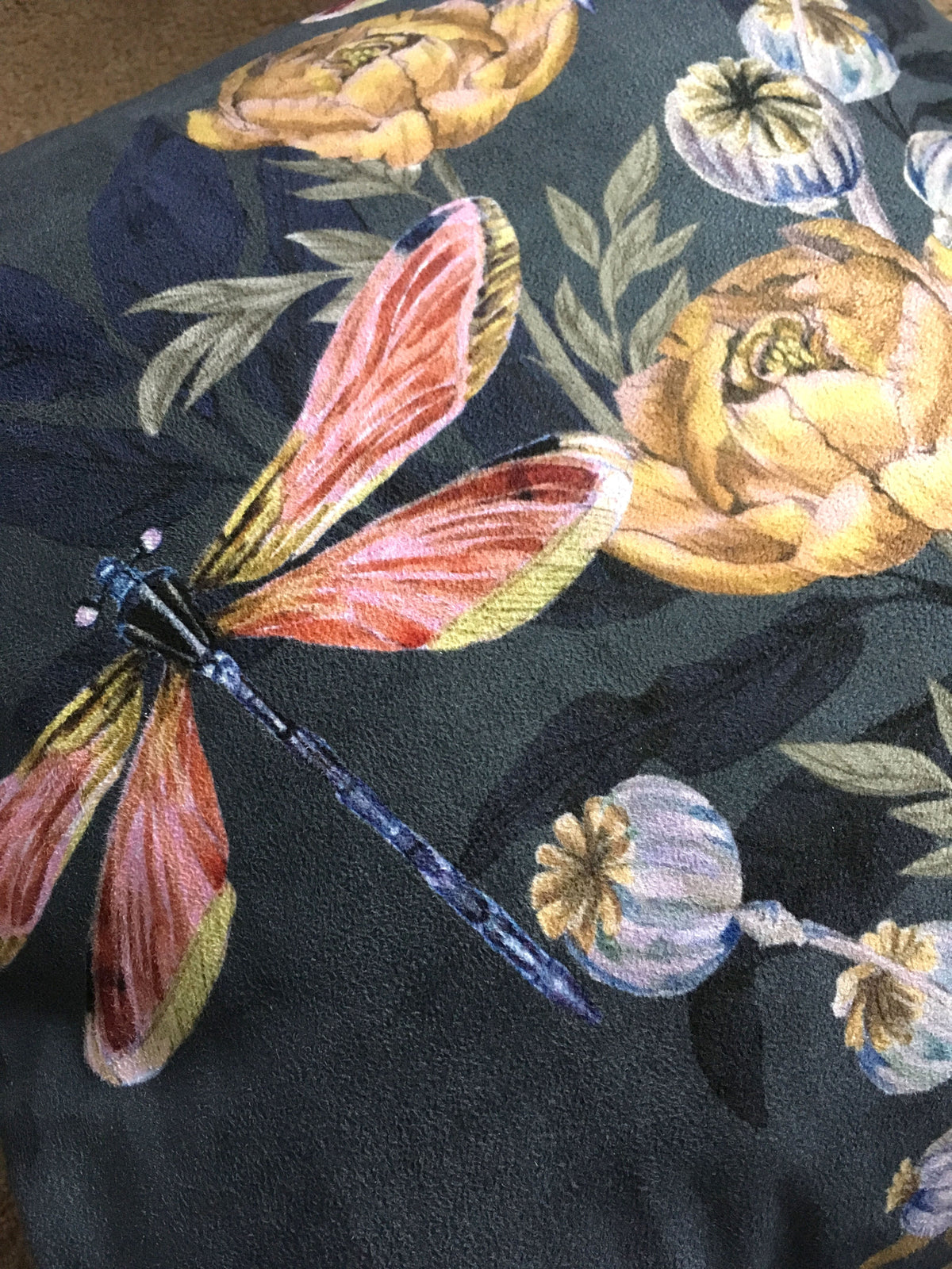 Indigo blue 'Dragonfly' Cushion with pink dragonflies and poppy seed heads
