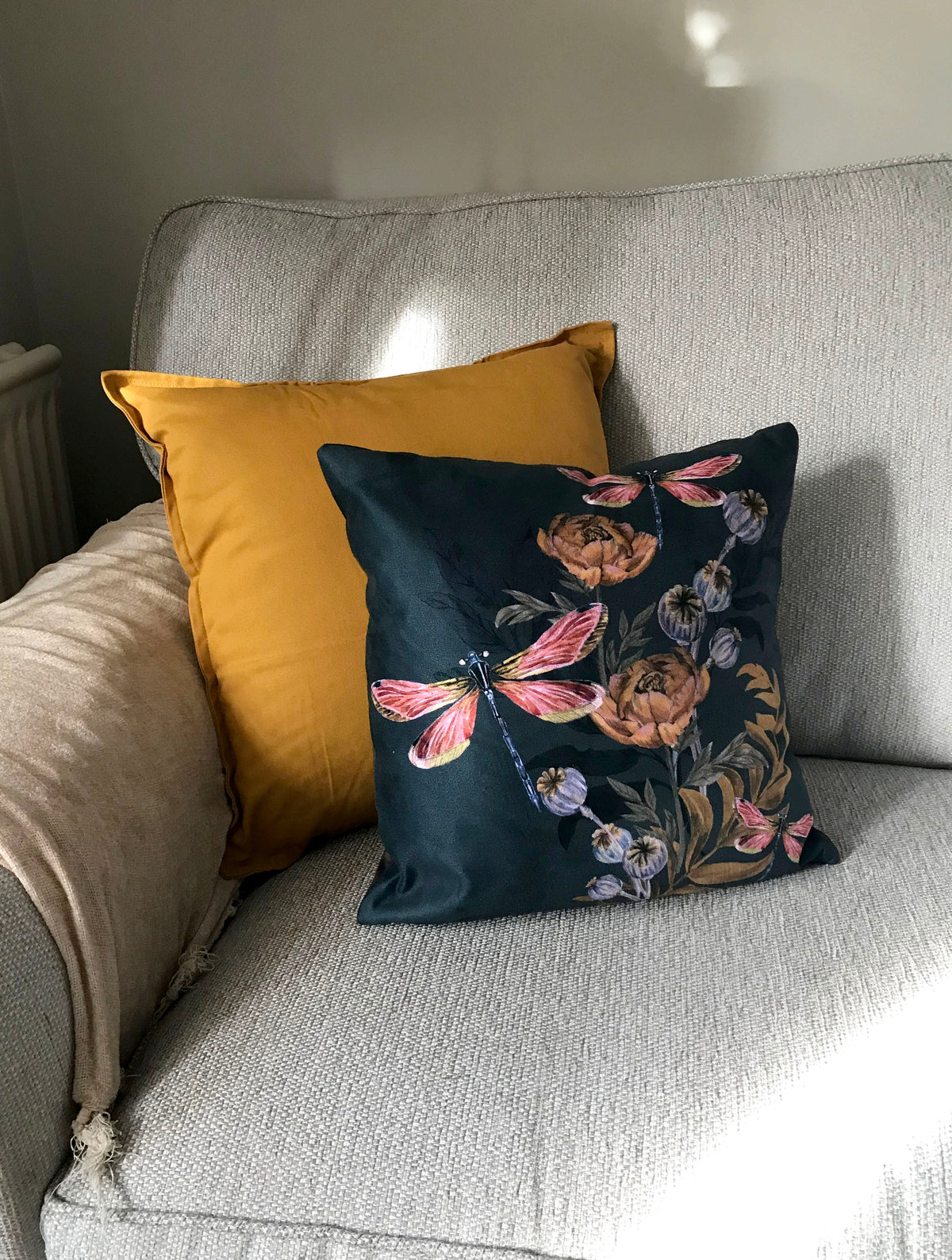 Indigo blue 'Dragonfly' Cushion with pink dragonflies and poppy seed heads
