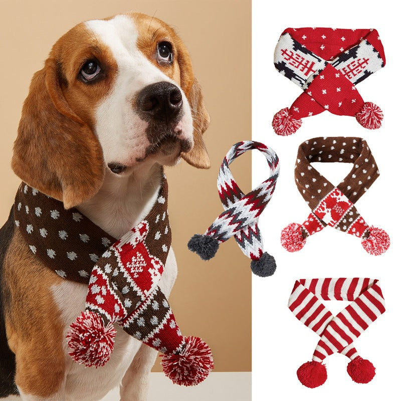 Christmas Pet Scarf Contrast Color Striped Red Snowflake Fur Ball Warm And Comfortable