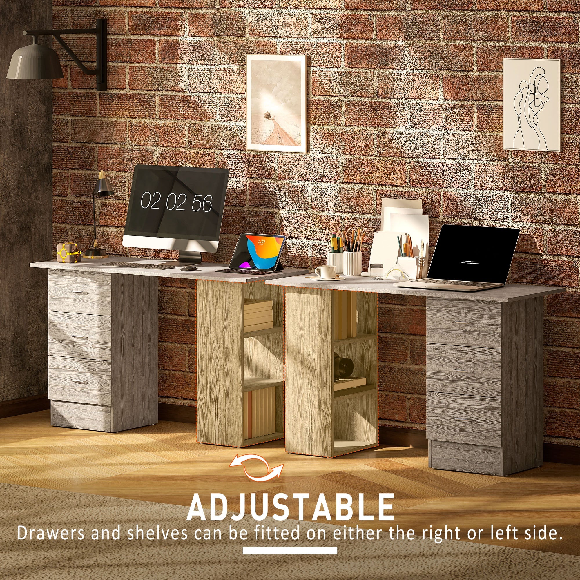 HOMCOM Computer Desk, Writing Table, PC Workstation with 3 Storage Shelves and Drawers, Silver Handle, for Home Office, Grey