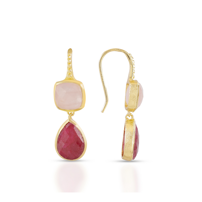 Charis Double Gemstone Earrings Rose Quartz & Ruby