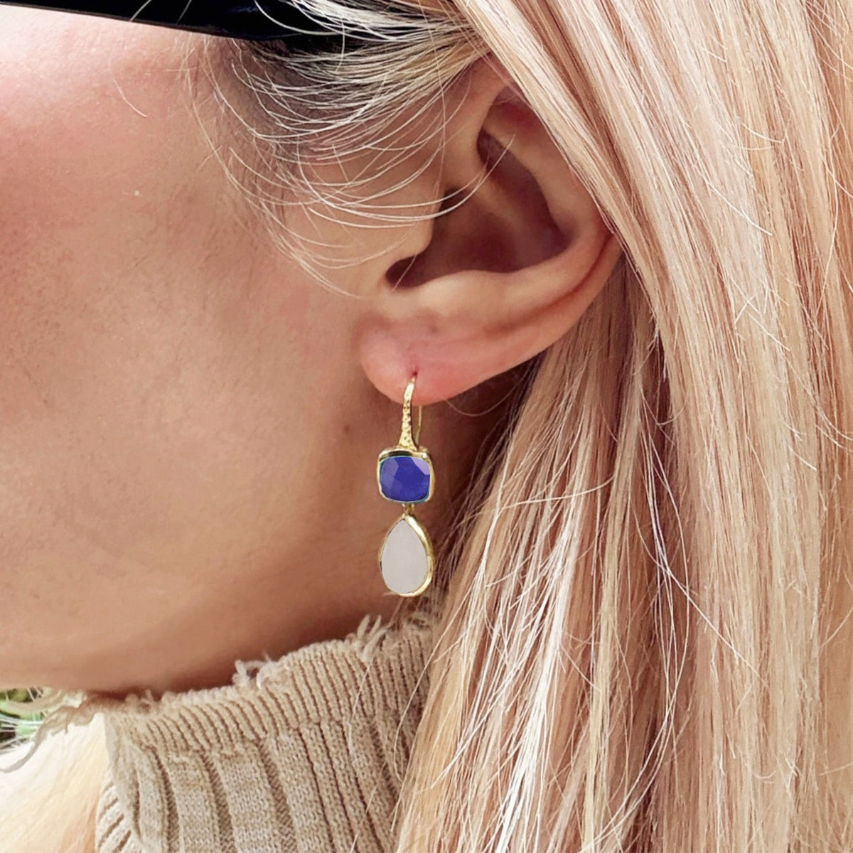 Charis Double Gemstone Earrings Blue Jade & Moonstone