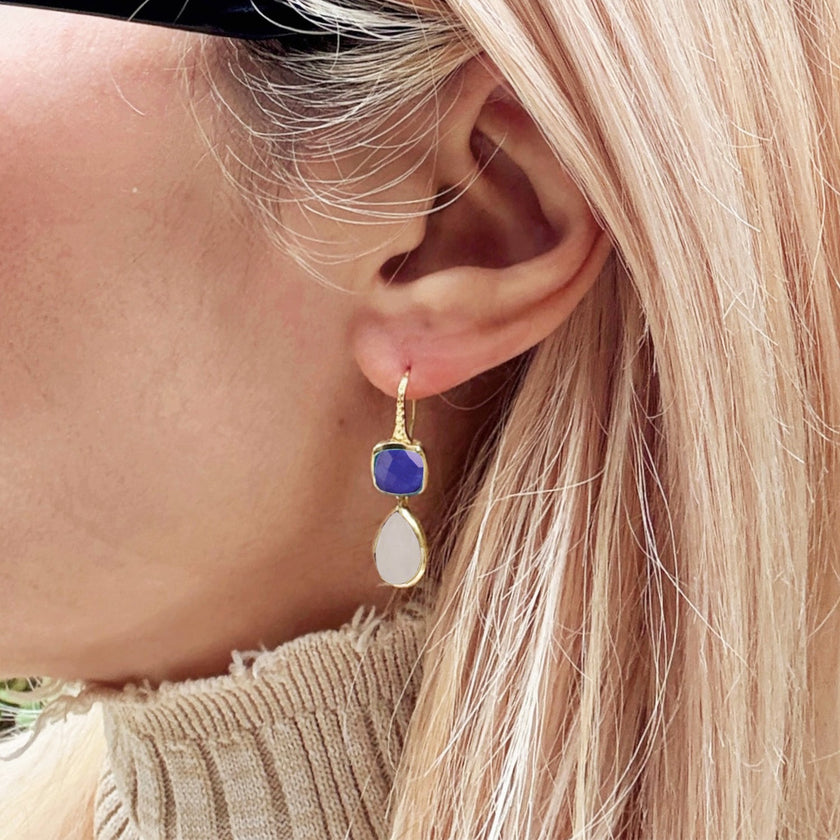 Charis Double Gemstone Earrings Blue Jade & Moonstone