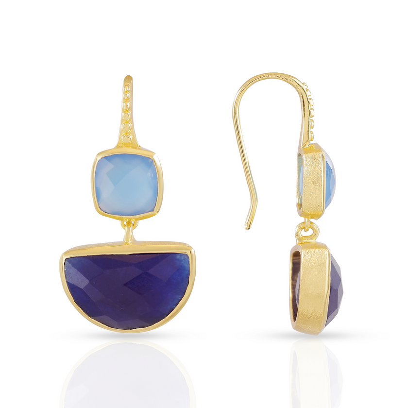 Charis Halfmoon Double Gemstone Earrings Blue Chalcedony & Blue Jade