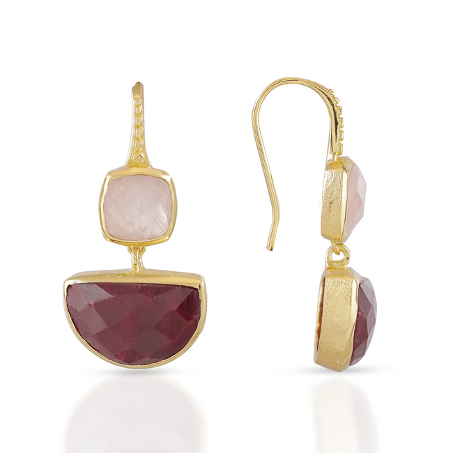 Charis Halfmoon Double Gemstone Earrings Rose Quart & Ruby
